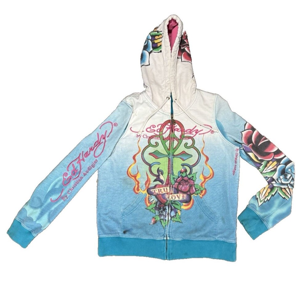 Y2K Ed Hardy Christian Audigier Hoodie “True Love” Grunge Tattoo Embroidered L